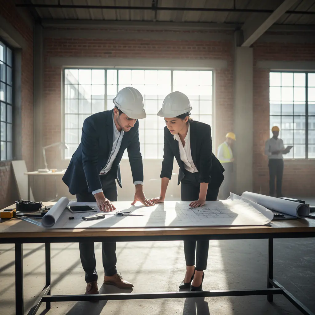 Founders reviewing blueprints