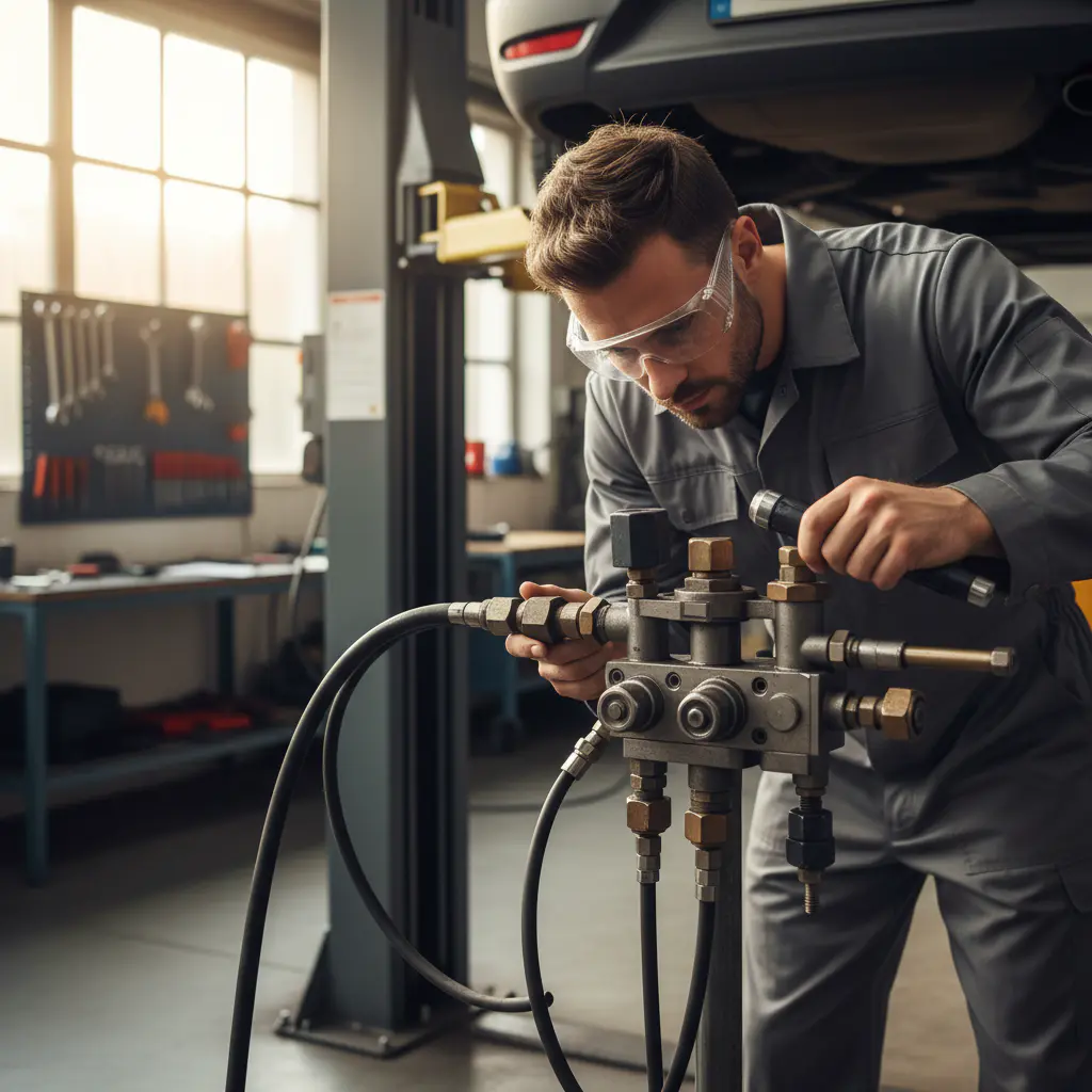 Technician inspecting hydraulic lift