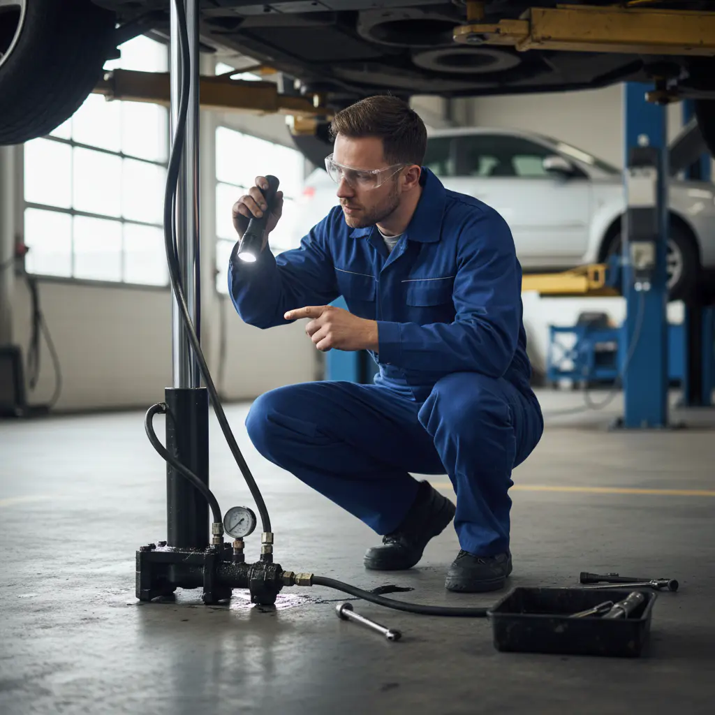 Technician inspecting hydraulic lift components