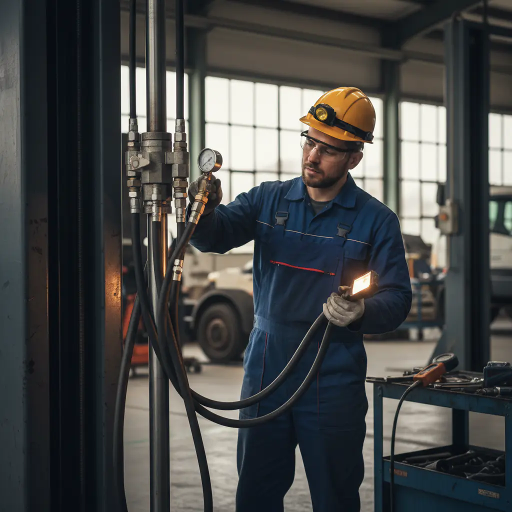 Technician inspecting hydraulic lift lines